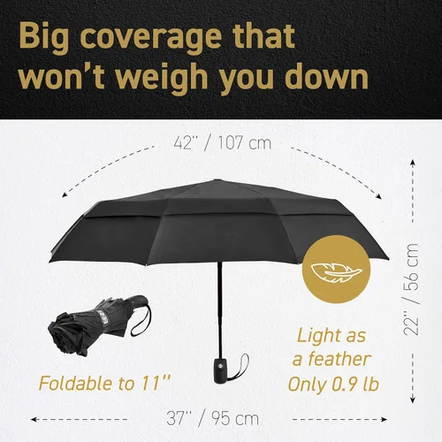 Vista 2 de Windproof Travel Umbrellas for Rain - Lightweight, Strong, Compact with & Easy Auto OpenClose Button for Single Hand Use - Double Vented Canopy for