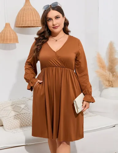 Vista 2 de ShopWonder Vestido de talla grande para mujer, con cuello en V, acampanado, largo hasta la rodilla, vestido de fiesta, minivestido de fiesta