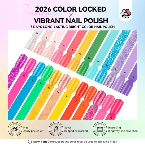 Vista 2 de SAVILAND Juego de esmaltes de uñas: kit de esmalte de uñas de secado rápido rosa brillante, amarillo y rojo, con purpurina, 24 colores, esmalte