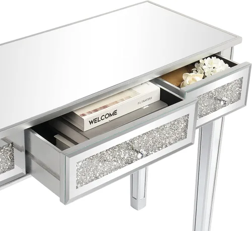Vista 6 de Mesa de tocador plateada con 3 cajones, acabado de cajón de diamante brillante, mesa auxiliar de espejo para pasillo, sala de estar, tocador
