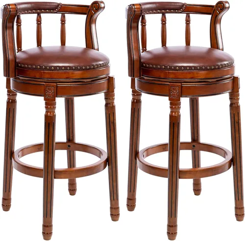 Vista 8 de RAINMOOD Juego de 2 taburetes de bar, taburete tapizado de cuero de grano completo, silla de bar negra con respaldo, patas de madera maciza
