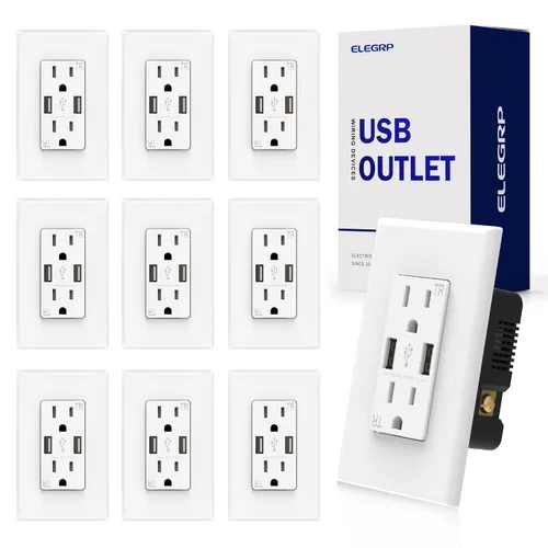 Vista 14 de ELEGRP Receptáculo de toma de pared USB con puertos USB duales de 4.0 A, receptáculo dúplex resistente a manipulaciones de 15 amperios, toma de Negro