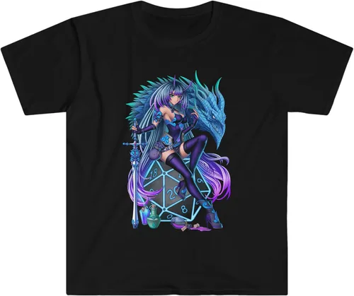 Vista 3 de Camiseta inspirada en Calabozos y Dragones Anime Girl- Camiseta exclusiva de manga corta RPG Gamer - Negro, Gris Blanco