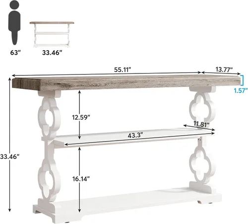 Vista 2 de Tribesigns Mesa consola de granja, mesa de sofá de 55 pulgadas de largo con estantes de almacenamiento, mesa de entrada de madera de 3 niveles