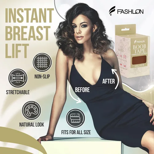 Vista 2 de FASHLON Paquete de cinta adhesiva para tetas de 2 rollos (café oscuro) y 2 pares de cubiertas de silicona para pezones (beige)