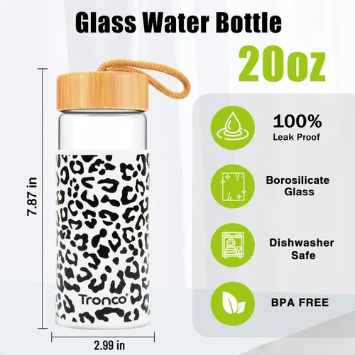 Vista 2 de Tronco Botellas de agua de vidrio de 20 onzas con tapas, botellas de vidrio de borosilicato reutilizables con tapa de bambú y funda de silicona
