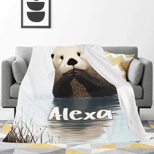 Vista 4 de Manta con diseño de animales de nutria linda con nombre para cama, sofá, manta de forro polar súper suave para regalo, para bebés, niños y adultos
