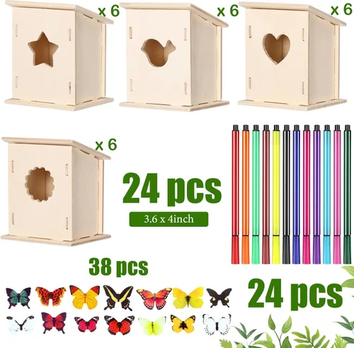 Vista 2 de Outus Kit de 24 piezas de casa de pájaros de madera para que los niños construyan, kit de casa de pájaros de 4 formas de madera sin terminar