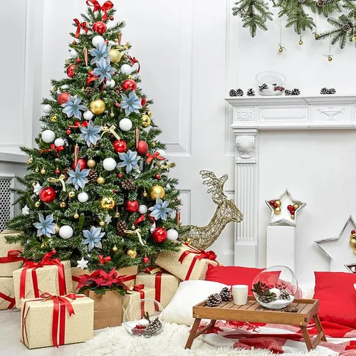 Vista 7 de Flores de purpurina de adorno para el árbol de Navidad, paquete de 12 Azul