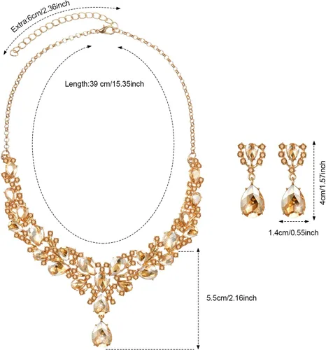Vista 2 de Hicarer Conjunto de joyas de cristal en forma de lágrima nupcial para mujer, collar, aretes, boda
