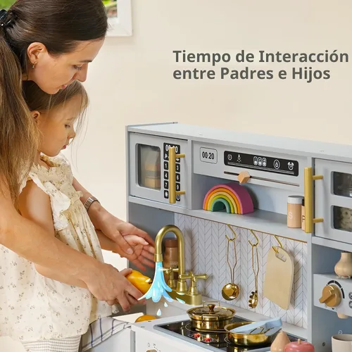 Vista 4 de Cocina de madera de juguete para niños – Juego de cocina de simulación con estufa realista, fregadero, cafetera, máquina de hielo, cocina de juguete