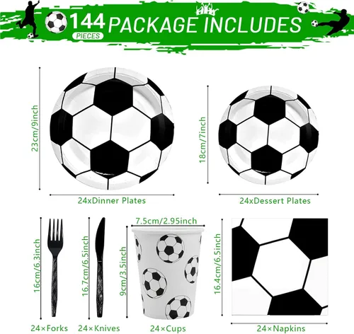 Vista 2 de Juego de vajilla de 144 piezas para fiesta de fútbol, para 24 invitados, incluye platos de papel, servilletas, tazas, cuchillos, tenedores