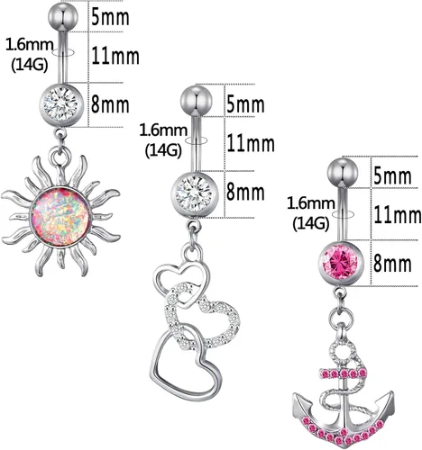 Vista 4 de 15 anillos de ombligo de acero inoxidable de 14 G para mujer con circonita cúbica AAA