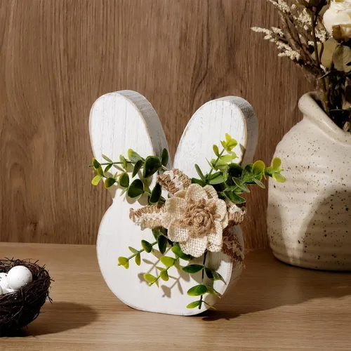 Vista 5 de Decoraciones de Pascua para el hogar: Rústica Antigua Conejito de Madera Feliz Pascua Mesa, Conejo Blanco de Granja con Flores Conejo de Madera
