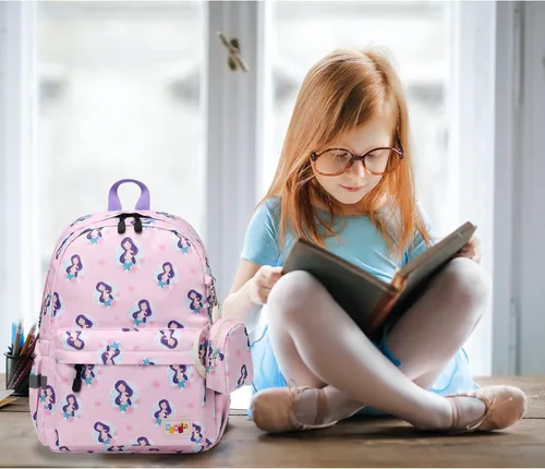 Vista 5 de MIRLEWAIY Mochila para niños pequeños con bolsa para monedas, Sirena rosa, Mochilas para mochila