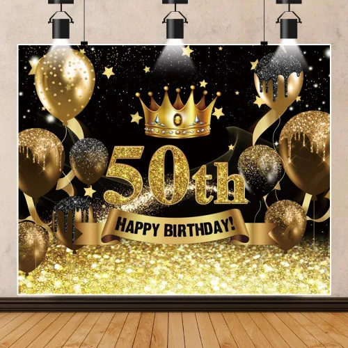 Vista 2 de Telón de fondo para fotografía de cumpleaños número 50 para mujeres y hombres, globo con purpurina negra y dorada, telón de fondo para fotos