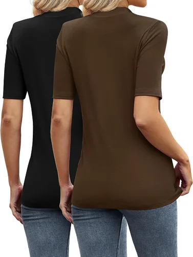 Vista 3 de Paquete de 2 camisetas casuales de negocios para mujer, camisas de cuello alto falso de manga corta cuello alto, blusas elegantes de manga corta