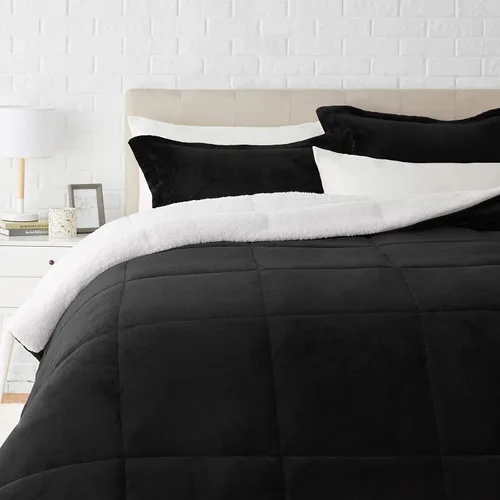 Vista 16 de Amazon Basics - Juego de ropa de cama de 3 piezas, Micromink Sherpa, ultrasuave, edredón cálido para todas las estaciones, tamaño Full/Queen, negro