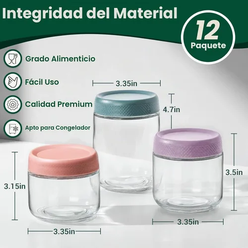 Vista 2 de NETANY Paquete de 12 recipientes de avena durante la noche con tapas, tarros de vidrio Mason de 16 onzas, 10 onzas y 8 onzas 4 colores - 3 tamaños