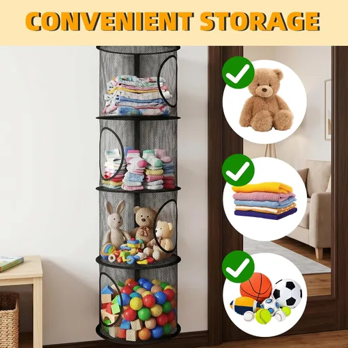 Vista 7 de Almacenamiento Colgante para Juguetes de Peluche, Organizador de Almacenamiento de Peluches Plegable para Rincón con 4 Compartimentos, Organizador