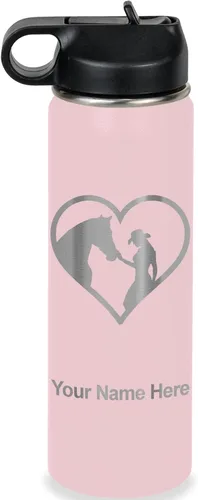 Vista 28 de LaserGram Botella de agua personalizada, corazón de vaquera de caballo, acero inoxidable de doble pared aislada al vacío con popote superior, regalo