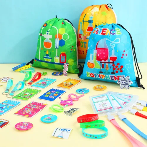 Vista 5 de Zhanmai 140 recuerdos de fiesta de ciencia incluyen 12 llavero, 18 mini cuadernos, 50 calcomanías de ciencia, 12 pulseras, 12 insignias de nombre