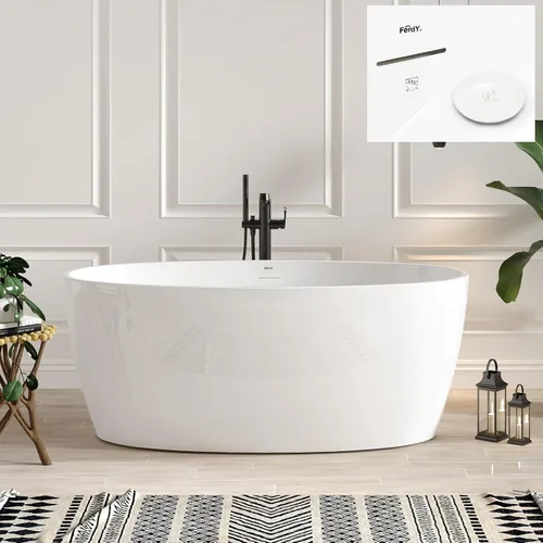 Vista 18 de FerdY Tahití - Bañera de acrílico independiente de 55 pulgadas, elegante bañera de remojo de forma ovalada, blanco brillante, drenaje dorado