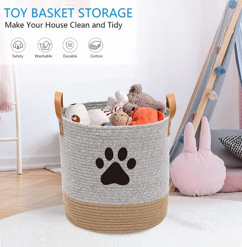 Vista 2 de Morezi Cesta de juguetes de cuerda de algodón para perros, contenedor de almacenamiento de juguetes para cachorros, canasta de lavandería