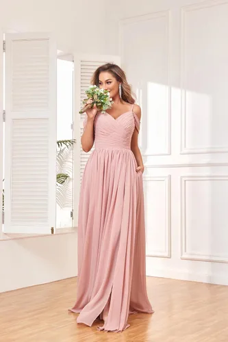 Vista 7 de BOLENSYE Vestidos de dama de honor con hombros descubiertos y bolsillos, vestido de noche formal con abertura larga de gasa fruncida