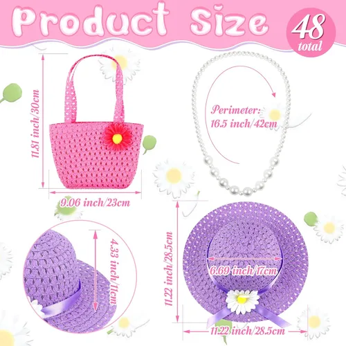 Vista 2 de Juego de 48 piezas de disfraces para fiesta de té para niñas, incluye guantes de fiesta de té y sombrero, boa de plumas para niños, bolsos, abanicos