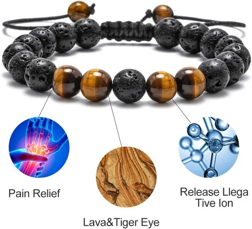 Vista 4 de M MOOHAM - Pulseras de piedra natural para hombre, ojo de tigre de 516 de pulgada, ágata mate, piedra de lava, regalos para niños y adolescentes
