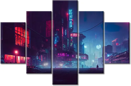 Vista 133 de Cuadros de 5 paneles de Cyberpunk City, arte de pared, representación de vallas publicitarias, edificios modernos en la capital con obras de arte