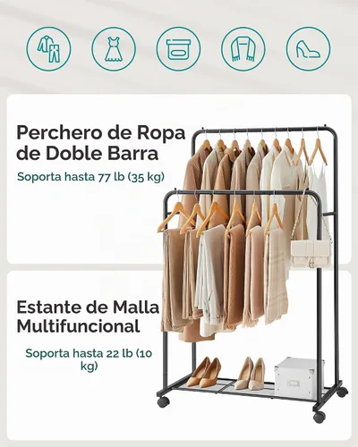 Vista 3 de SONGMICS Perchero de doble barra con ruedas, perchero para colgar ropa, perchero resistente con estante de almacenamiento de malla, 2 frenos, cada
