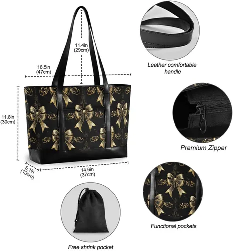 Vista 4 de Bolso de mano moderno con lazo vintage en negro y dorado para mujer con cremallera, bolsa grande para gimnasio con artículos esenciales de viaje