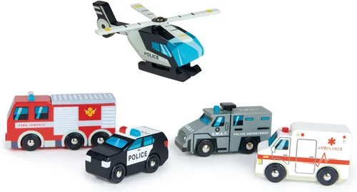 Vista 2 de Tender Leaf Toys - Vehículos de emergencia - 5 vehículos de rescate de madera con piezas móviles para niños y niñas - Gran regalo para los amantes