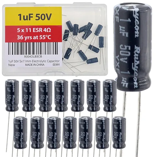 Vista 25 de 100uF 50V 8X11.5mm Rubycon Electrolytic Capacitor Low ESR 0.17Ω Long Life 36yrs at 55 Degree C mfd mircofarad Micro Farad C Radial Lead Aluminum