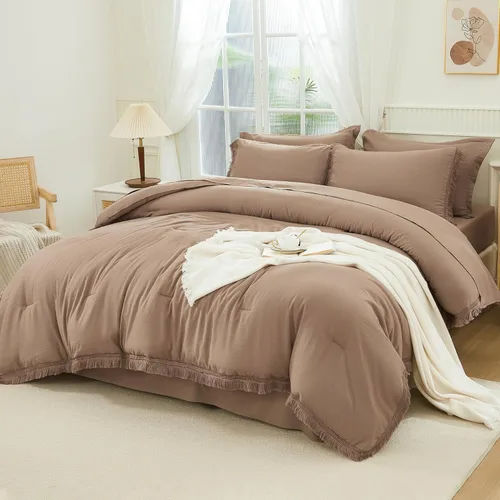 Vista 41 de Andency Juego de ropa de cama con edredón tamaño matrimonial beige con sábanas - 7 piezas, estilo bohemio con borlas, ropa de cama ligera en una 01