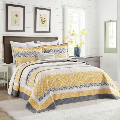 Vista 12 de Finlonte - Juego de cama de 3 piezas con edredón/cubrecama acolchado tamaño queen, 100% algodón, 260x305 cm, a cuadros florales de granja