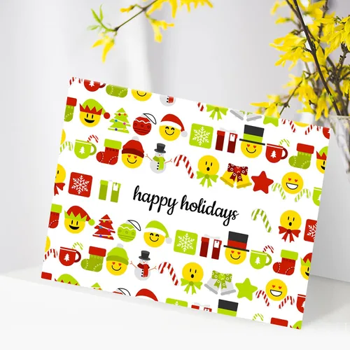 Vista 2 de Tarjetas de felicitación de Happy Holidays, rojo y verde, divertido patrón de emoji lindo, plegable en blanco para Navidad y Año Nuevo, 4.25 x 5.5