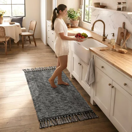 Vista 80 de Collive Alfombra de Baño Negra, 2' x 3' Tejida a Mano Lavable Alfombras Pequeñas de Cocina, Alfombra de Entrada Reversible de Algodón Alfombra