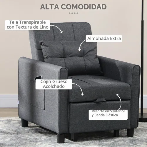 Vista 4 de HOMCOM - Silla convertible 3 en 1 para cama, sofá cama individual, color gris Extraíble, respaldo ajustable, almohada, bolsillos, multifuncional
