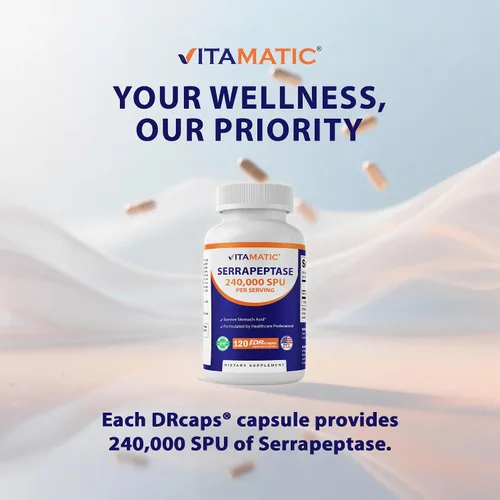 Vista 4 de Vitamatic Serrapeptase 240,000 SPU por porción, 120 cápsulas de liberación retardada - Recubrimiento entérico - Sin OGM - Fabricado en los Estados