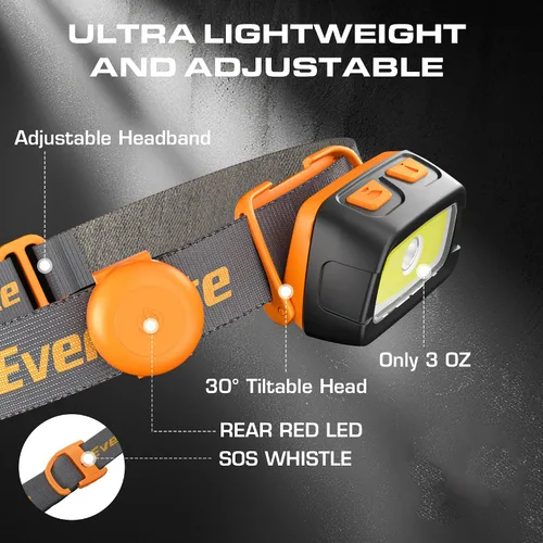Vista 3 de EverBrite Linterna frontal recargable - Faro de 350 lúmenes con luz roja/verde y luz trasera, 7 modos de iluminación con función de memoria