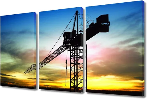 Vista 43 de TUMOVO Arte de pared con diseño de grúa para dormitorio, 3 piezas de grúa pesada al anochecer en un sitio de construcción, póster, pintura, arte
