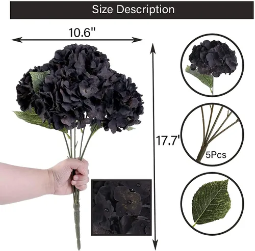 Vista 2 de 2 ramos de flores artificiales de hortensias de seda negra de 20 pulgadas