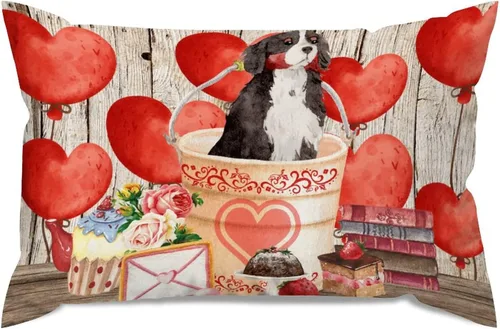Vista 23 de Fundas de almohada lumbar con textura de madera rústica para perro en cubo, diseño de corazón rojo para el día de San Valentín, fundas de almohada