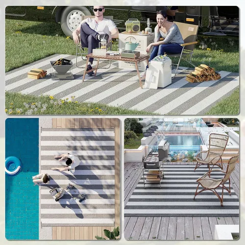 Vista 5 de Outsunny Alfombra reversible para exteriores, 9 x 12 pies, impermeable, alfombra de paja de plástico, alfombra portátil para camping, alfombra