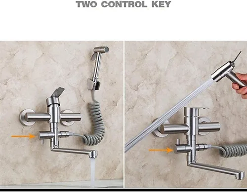 Vista 3 de Grifo de montaje en pared con pistola pulverizadora, fregadero de cocina, acero inoxidable cepillado, válvula de mezcla de agua caliente y fría