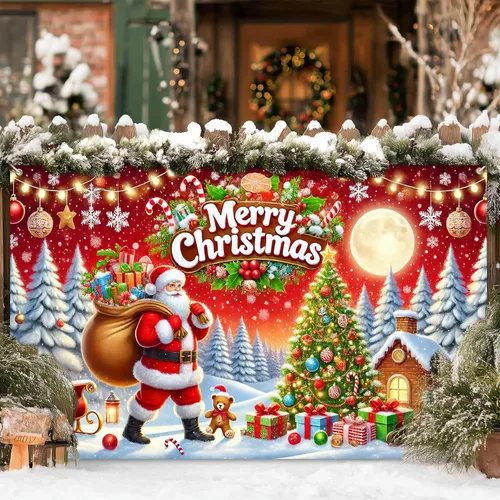 Vista 6 de HOMETITUTE Cartel de Navidad de 71 x 43 pulgadas, telón de fondo rojo de Papá Noel con árbol de regalo, decoración de nieve en trineo