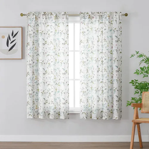 Vista 21 de Chyhomenyc Cortinas de mezcla de lino de 63 pulgadas de largo, 2 paneles de cortina con estampado floral filtrante de luz para sala de estar